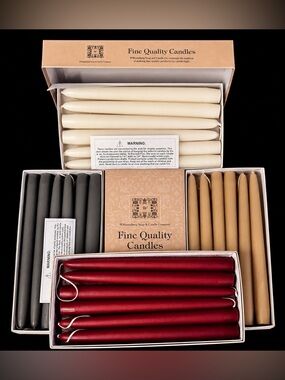4 Sets of 12 Taper Candles in Sage, Ruby, Bone White and Cream